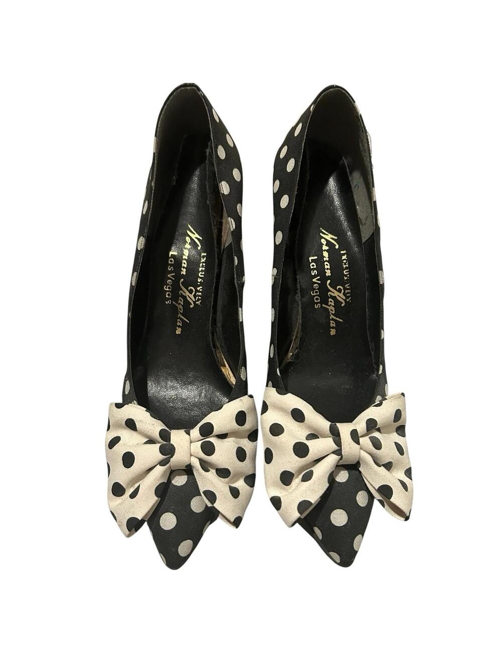 Polka Dot Pointed-Toe Bow Heels - Black & White - Picture 2 of 9
